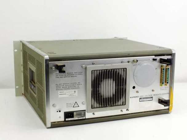 HP 2205A 141T rear view — large cooling fan, AC power inlet, filter cover, and High Voltage warning label