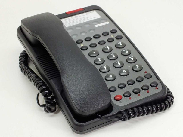 Teledex OPAL 2011S black single-line hotel desk phone — front three-quarter view showing handset, large-button keypad, and red indicator light