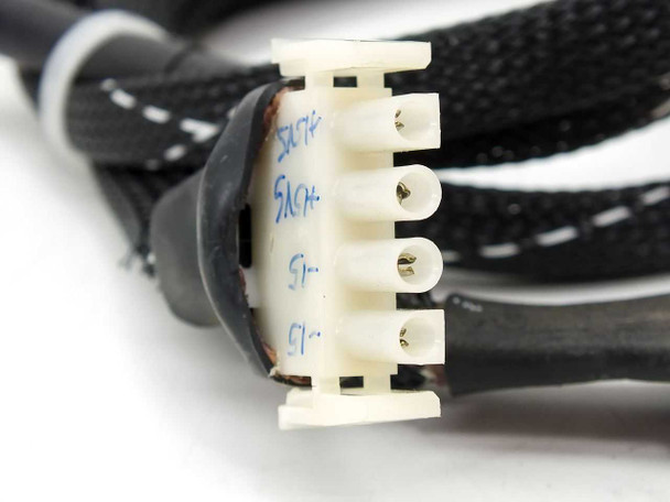 Wavetek 130 function generator — close-up of cable harness white Molex connector end with hand-written labels reading SYNC, GND on cable jacket