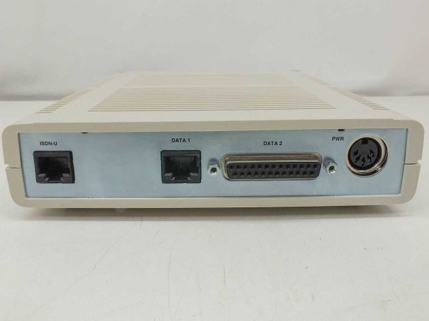 Motorola 650 ISDN modem rear panel straight-on view showing ISDN-U, DATA 1, DATA 2, and PWR ports clearly labeled