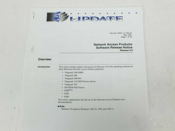 Motorola Network Access Products Software Release Notice, Part No. T0001-14 Rev B, May 1997, Release 5.0, covering 650 ISDN PAD Series and other Vanguard platforms