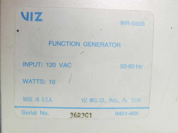VIZ WR-550B Function Generator — close-up of rating label: INPUT 120 VAC 50-60 Hz, WATTS 10, MADE IN U.S.A., VIZ MFG. CO. Phila. Pa. 19144, part number 9451-404
