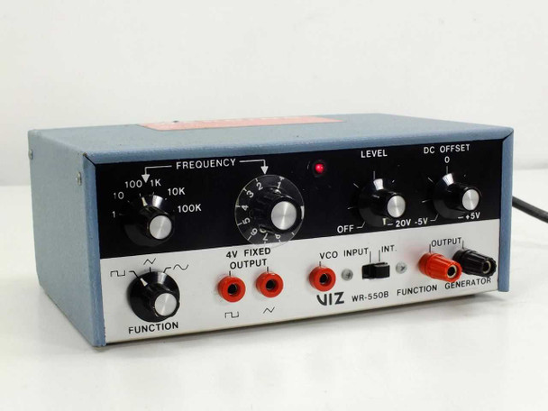 VIZ WR-550B Function Generator front panel showing frequency, level, DC offset knobs, function selector, 4V fixed output, VCO input, and output banana jacks