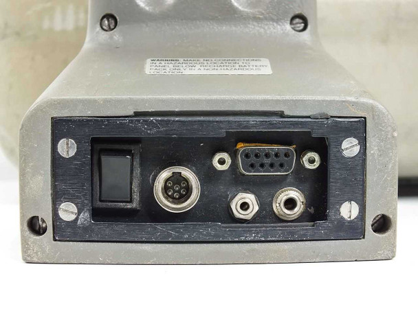 Thermo Environmental 580 EZ bottom panel close-up showing toggle switch, multi-pin circular connector, DB9 RS-232 serial port, and two additional connectors