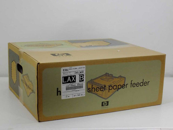 HP C8055A 500-Sheet Paper Feeder original box — side view showing EGL shipping label marked NEW and LAX routing sticker