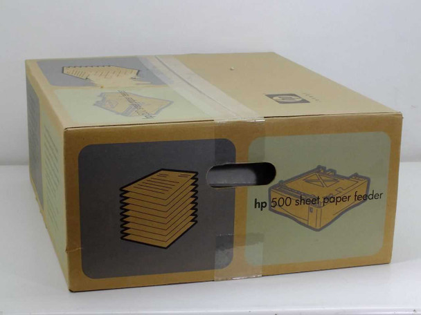 HP C8055A 500-Sheet Paper Feeder in original HP box — front and side view showing HP graphics and product labeling