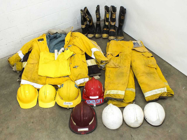 Globe Turnout Gear Lot of Worn Firefighting/Rescue Pants, Jackets, Boots, and Helmets