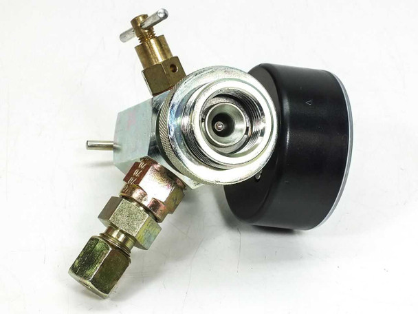 Hydac T-handle gauge assembly rear/side view showing accumulator connection port, T-handle valve, bleed screw, and hose fitting connection