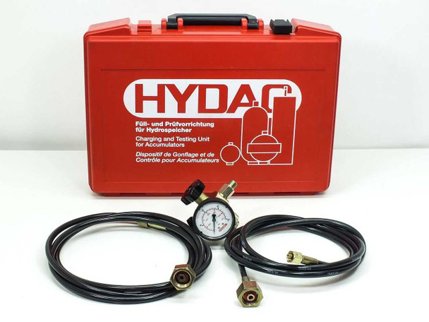Hydac Charging and Testing Unit for Accumulators — red carry case lid with label, pressure gauge and two hoses laid out in front