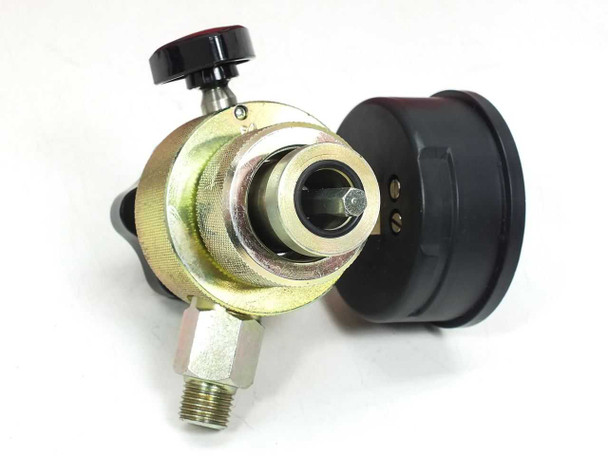 Hydac accumulator charging valve body — bottom view showing male threaded port, needle valve stem, and gauge mount assembly