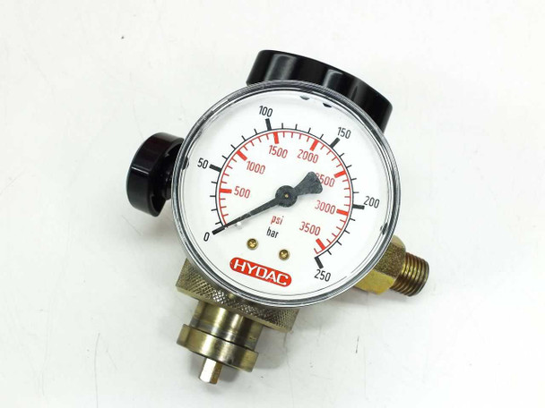 Hydac test valve assembly with 0–3500 psi / 0–250 bar dual-scale gauge, brass body, knurled knob, and male threaded port
