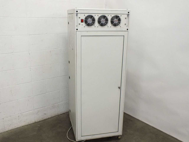 Suntek EPS Series rack system rear/side view — three top-mounted cooling fans, single lower cabinet door, and power cable