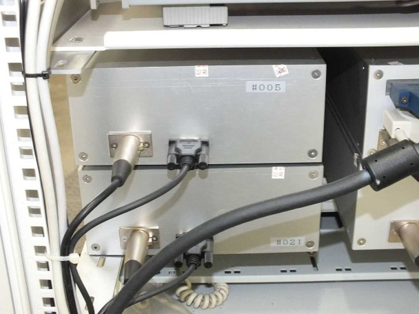 Internal rack modules — two rack-mount signal distribution boxes labeled #005 and #021 with BNC coax connections