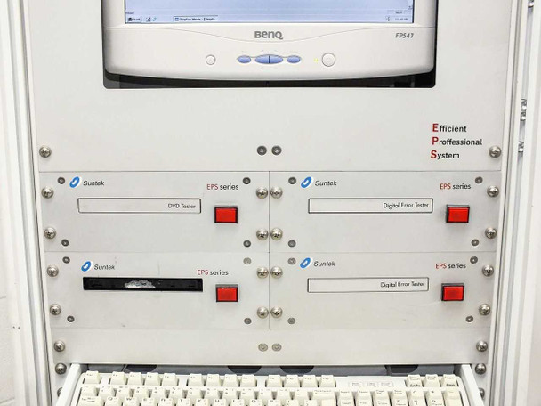 Suntek EPS Series front panel with keyboard tray extended — four EPS test modules and Efficient Professional System branding visible, keyboard and mouse on tray