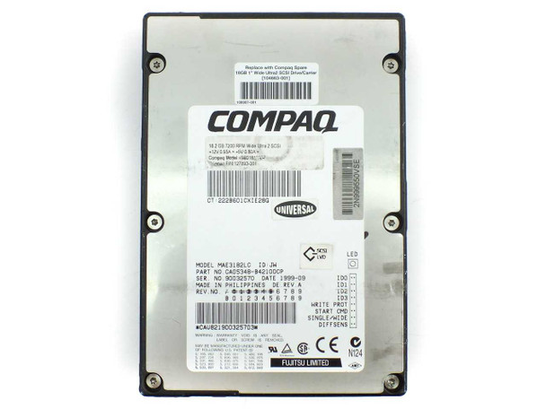 Fujitsu MAE3182LC hard drive label close-up showing model, part number CA05348-B42100CP, Compaq P/N, Rev A, and Philippines manufacture date