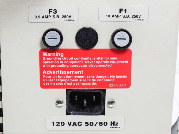 Perkin-Elmer Cetus DNA Thermal Cycler — rear power panel close-up showing F3 (0.5 AMP S.B. 250V) and F1 (10 AMP S.B. 250V) fuse holders, IEC power inlet, and '120 VAC 50/60 Hz' rating label