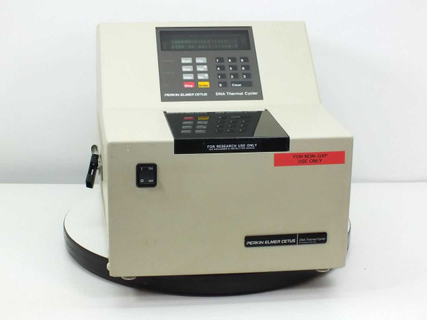 Perkin-Elmer Cetus DNA Thermal Cycler — front and right-side view showing keypad, LCD display, and sample block lid with 'For Research Use Only' label