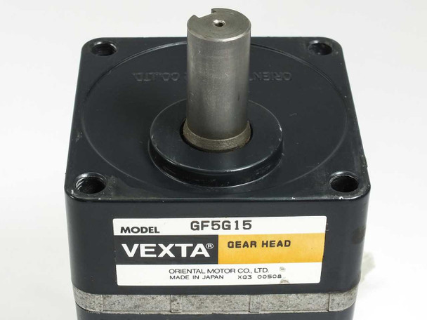 Oriental Motor VEXTA GF5G15 15:1 gear head close-up showing 18mm output shaft and gear head model label