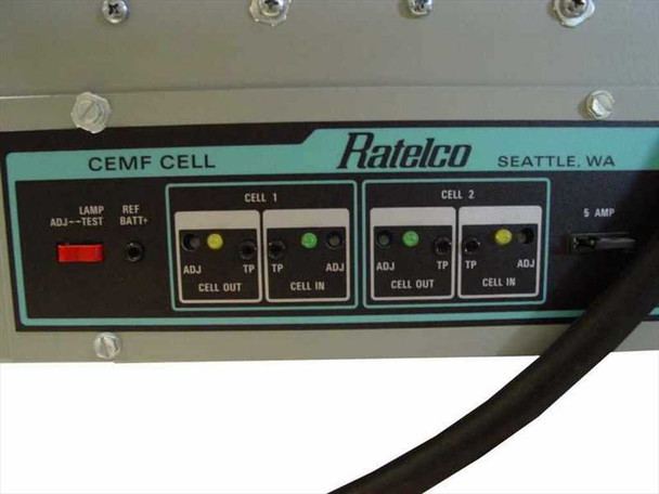 Ratelco CEMF Cell module panel with Cell 1 and Cell 2 indicators, ADJ and TP test points, Seattle WA label