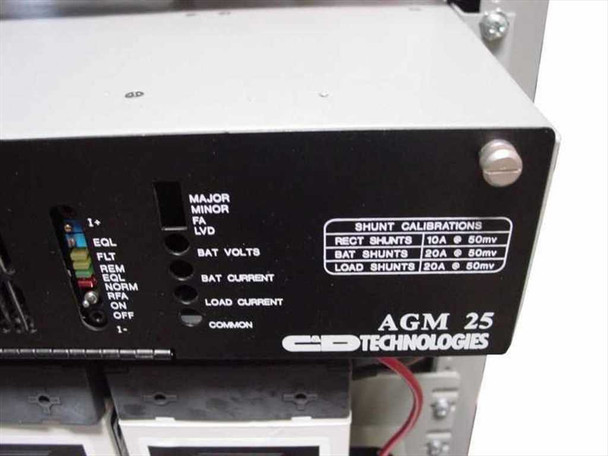 C&D Technologies AGM 25 controller module front panel showing alarm indicators, BAT VOLTS, BAT CURRENT, LOAD CURRENT terminals and shunt calibration label