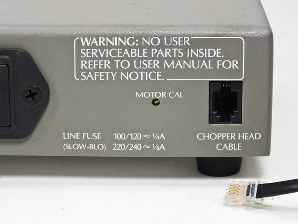 SR540 rear panel detail showing MOTOR CAL trimmer, CHOPPER HEAD CABLE RJ port, and LINE FUSE ratings for 100/120V and 220/240V operation