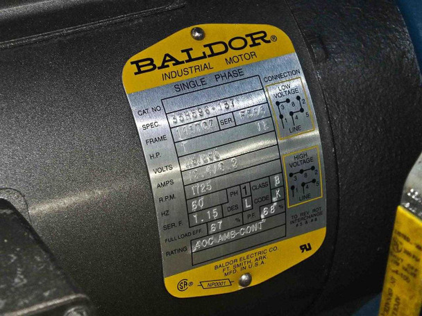 Baldor Electric single-phase industrial motor nameplate — Cat No. 35H596-157, 115/230V, 1725 RPM, 60Hz, 40C AMB-CONT rating