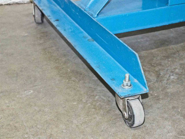 CRL 2200RP wheeled steel base close-up showing caster wheel and blue painted frame with paint chips