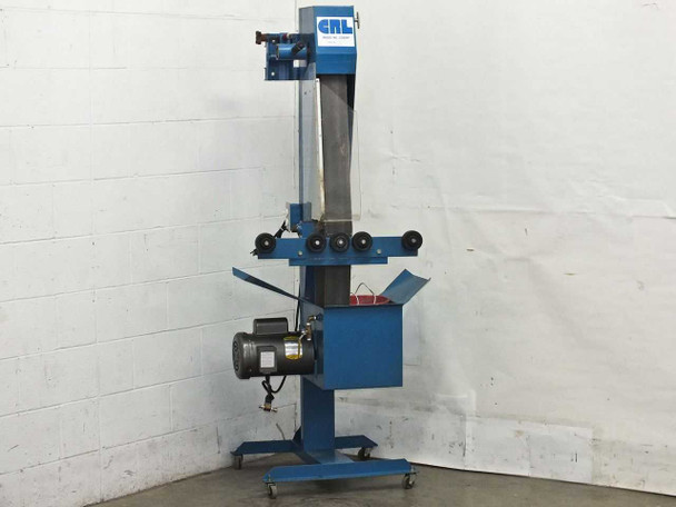 CRL 2200RP Wet Abrasive Belt Sander full front view showing blue column, roller platen, Baldor motor, and wheeled base