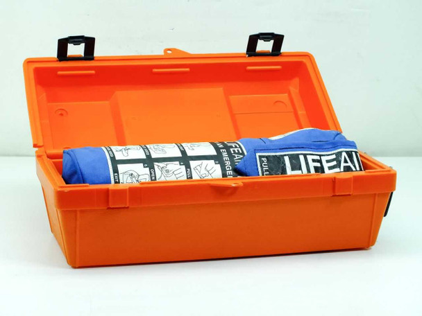 LifeAir-10 orange hard storage case open with rolled blue carry bag and breathing unit seated inside the case interior