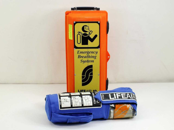 Respiratory Systems Inc LifeAir-10 Emergency Breathing System — orange hard case standing upright alongside rolled blue carry bag, front view