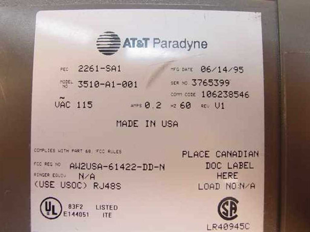 AT&T Paradyne 3510-A1-001 bottom label showing model 3510-A1-001, REC 2261-SA1, serial number 3765399, 115 VAC 0.2A 60 Hz, Rev V1, MFG date 06/14/95, Made in USA