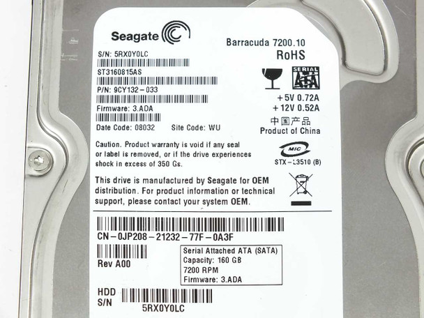 Seagate Barracuda 7200.10 ST3160815AS label close-up showing serial number, P/N 9CY132-033, firmware 3.ADA, date code 08032, and Dell CN-0JP208 OEM label