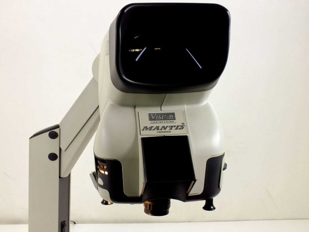 Vision Engineering Mantis stereo microscope — front view with Vision Engineering and MANTIS PATENTED badge visible; objective carousel shown below head