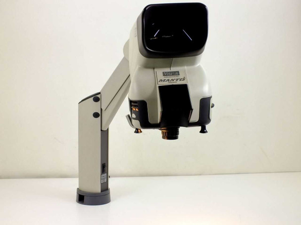 Vision Engineering Mantis eyepieceless stereo microscope — front-left 3/4 view showing viewer housing, articulating arm, and stand column with base