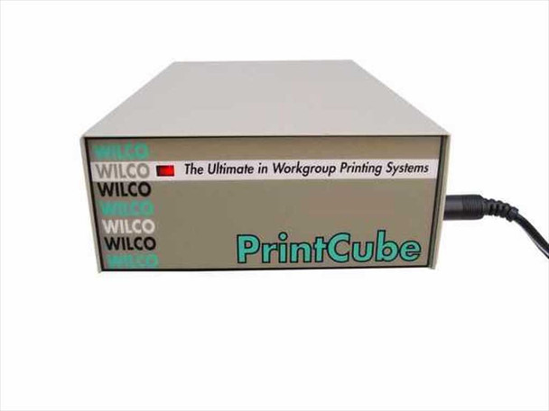 Wilco PrintCube printer sharing box – front panel view showing Wilco branding and PrintCube logo on beige enclosure with DC power cable