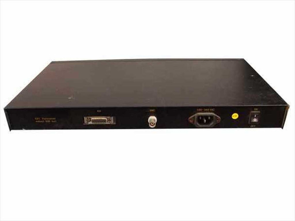 Accton EtherHub 12R rear panel showing AUI (DB15) port, BNC connector, IEC AC inlet, and power switch
