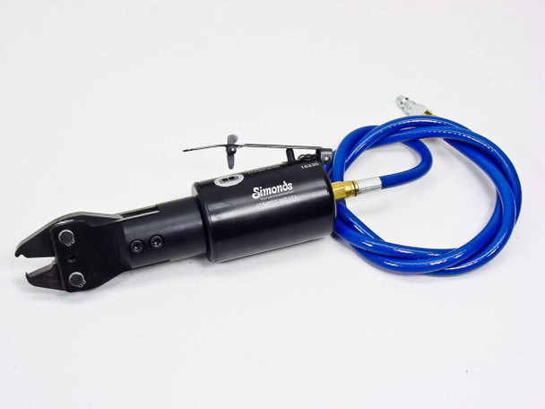 Simonds SP-004-25S Squeeze-Eze pneumatic crimping and cutting tool shown complete with jaws and blue coiled air hose – full side view