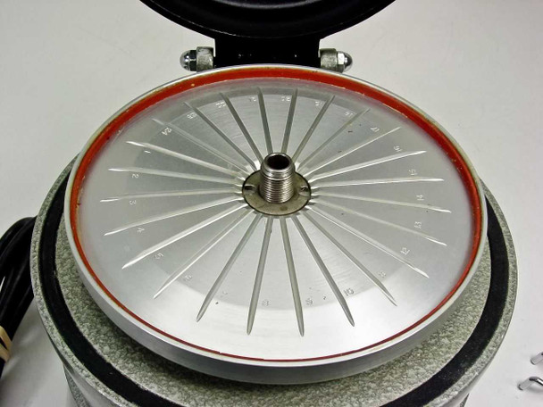 IEC MB centrifuge rotor close-up — numbered capillary tube slots (1–24), center spindle hub, red gasket seal on rotor housing rim