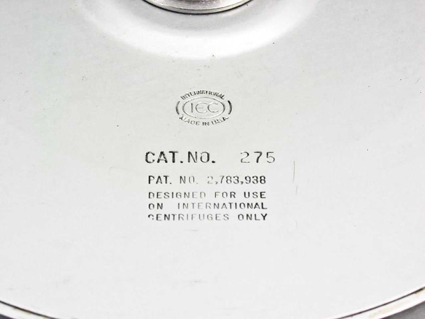IEC MB centrifuge rotor label close-up — Cat. No. 275, Patent No. 2,783,938, IEC International Made in USA marking