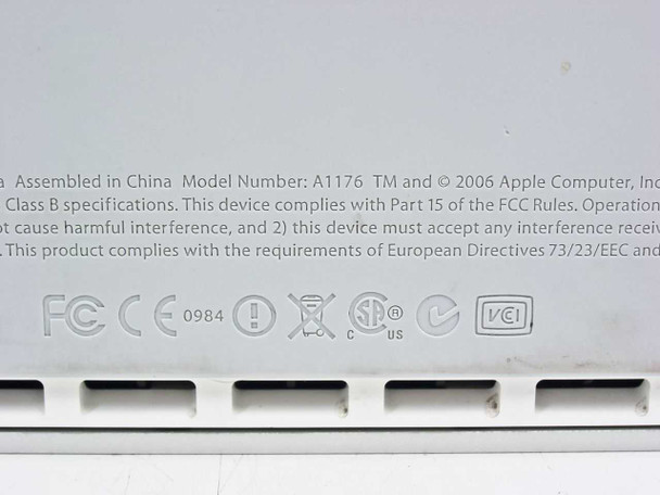 Apple Mac Mini A1176 bottom label showing model number, FCC markings, and 2006 Apple Computer Inc. text