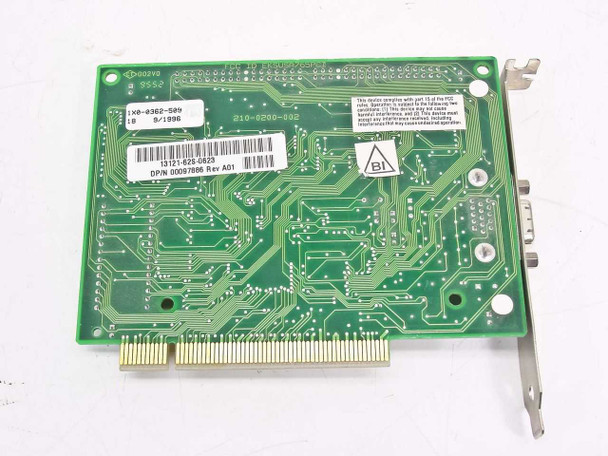 Dell 00097886 PCI video card rear PCB view showing part number labels 1X0-0362-509, 210-0200-002, and DP/N 00097886 Rev A01