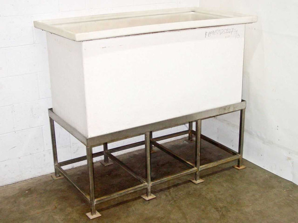 Poly chemical mixing storage tank on welded metal frame stand — front/side view showing open top and white tank body