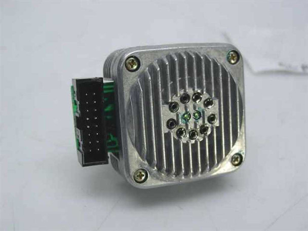 Alps P2000G printhead rear view showing ribbed aluminum heat-sink housing and 9-pin wire guide array, green PCB connector on left side