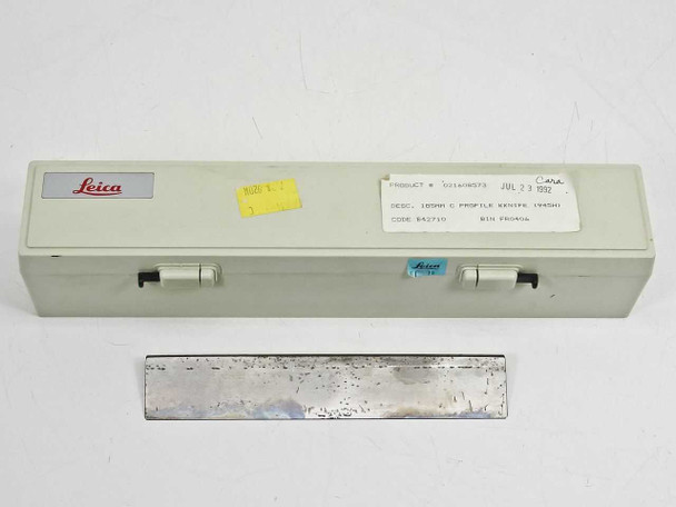 Leica 185mm C-Profile cryostat knife PN 021608573 in gray plastic case with label dated JUL 23 1992, blade laid in front