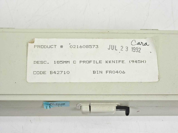 Close-up of Leica blade case label – Product 021608573, 185MM C Profile Knife (945H), Code B42710, dated JUL 23 1992