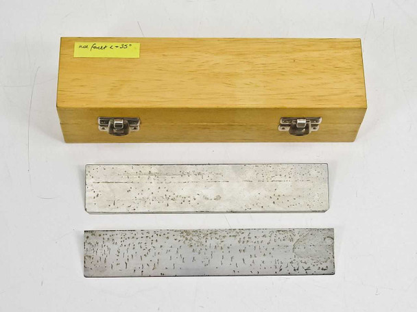 Wooden blade case with two 185mm C-profile microtome knives – note on case reads 'not facet c-35°', blades show use wear