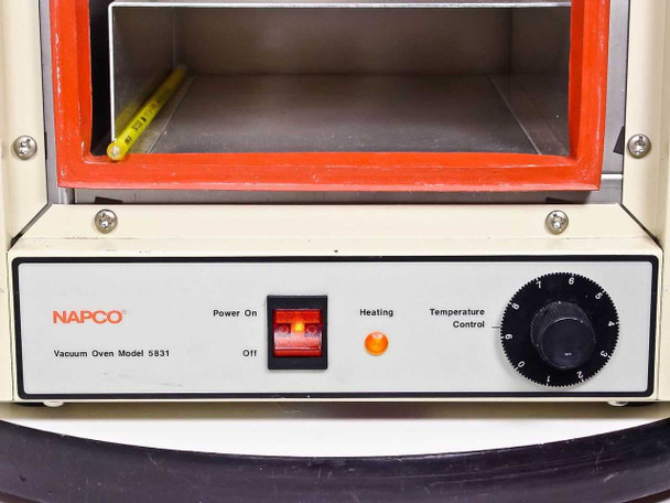 Napco 5831 Vacuum Oven – front control panel close-up showing NAPCO branding, Power On/Off rocker switch, orange Heating indicator light, and Temperature Control knob