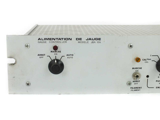 Riber JBA 12A front panel close-up – ARRET/MARCHE/AUTO switch, CAL indicator, FILAMENT ON/OFF switch, and power indicator light