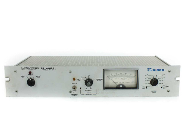 Riber JBA 12A – full front panel view showing Alimentation de Jauge label, analog pressure meter, filament and emission controls, and RIBER logo