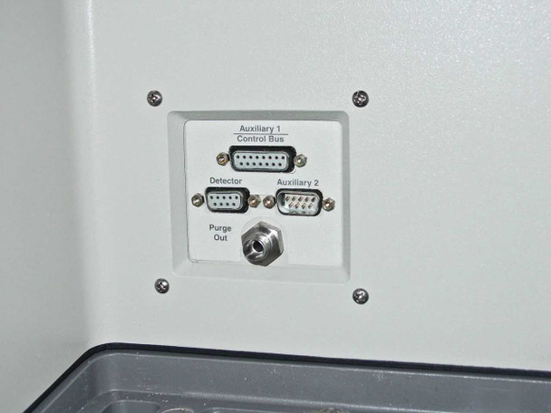 Nicolet Magna-IR 560 side port panel showing Auxiliary 1 Control Bus, Detector, Auxiliary 2 DB-9 connectors, and Purge Out barbed fitting